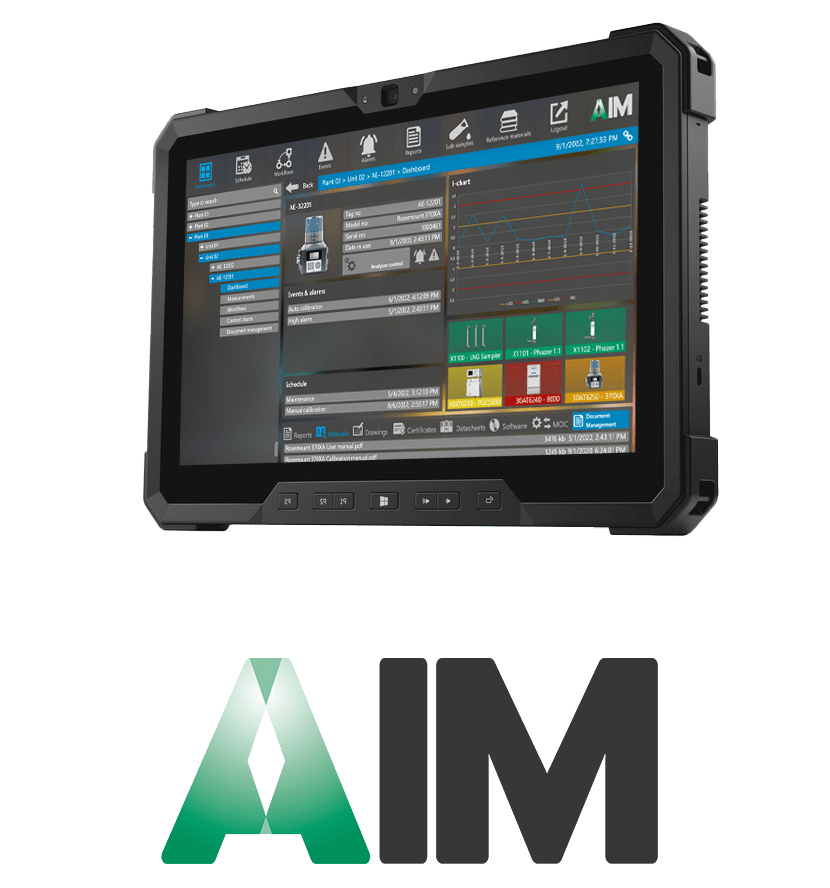 AIM predictive maintenance software & analyzer data rugged tablet with aim logo